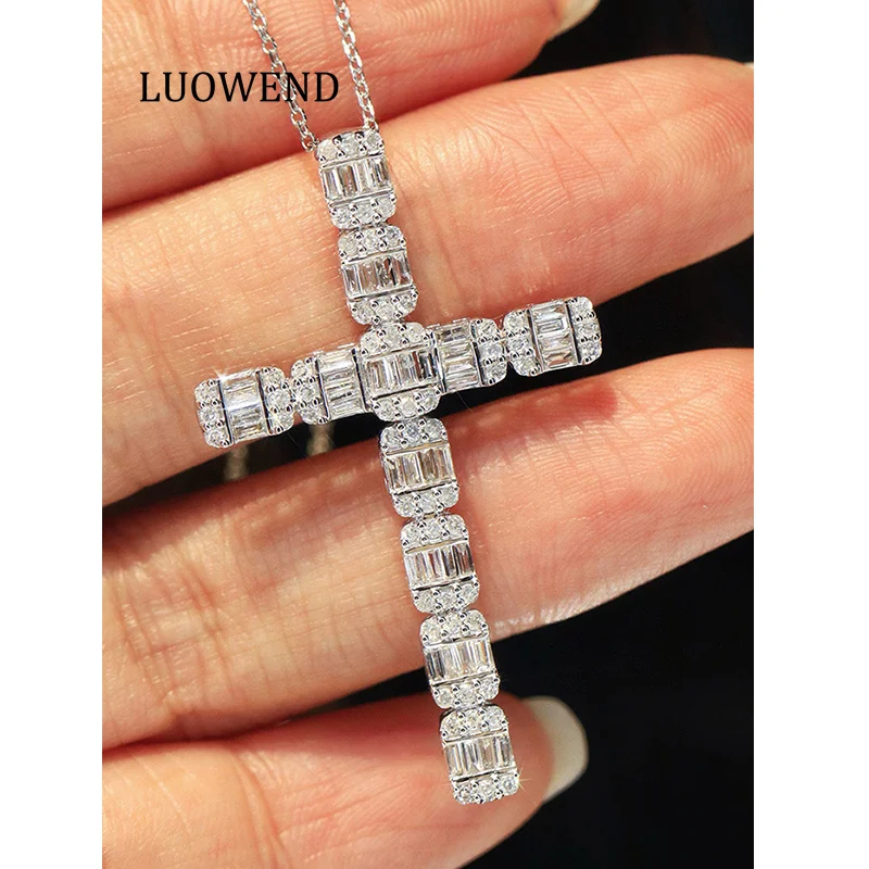 LUOWEND 100% 18K White Gold Necklace Fashion Cross Pendant 1.0carat Real Natural Diamond Necklace for Women High Party Jewelry