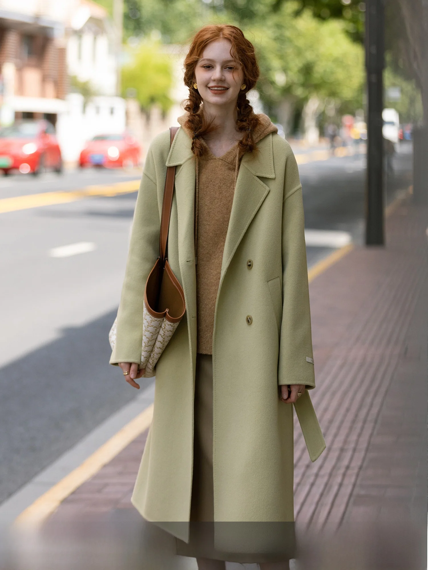 

MELLIIY Vintage Double-Faced Woolen Coat Women's Loose Suit Collar Pink Handmade Long Sve Mid-Length Pure Color Coat