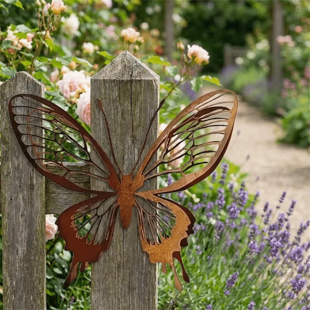 1/3PCS Metal Structure Butterfly Garden Sculpture Hollow Double Layer Rust-Colored Metal Butterfly Sculpture Vintage