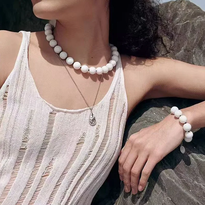 

Jenny&dave Beaded Necklace White Porcelain Stone Natural Blue Round Bead Bracelet Jewelry Necklace Necklaces For Women