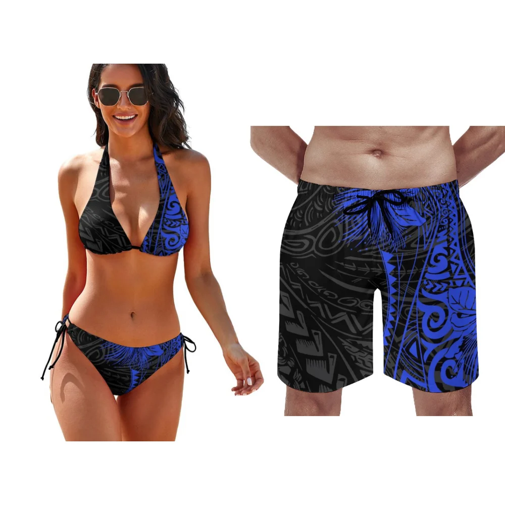 Polynesische Patroon Bloemenprint Veters Badpak Zwembad Party Paar Pak Zomer Custom Paar Pak Vrouwen Bikini Mannen Strandbroek