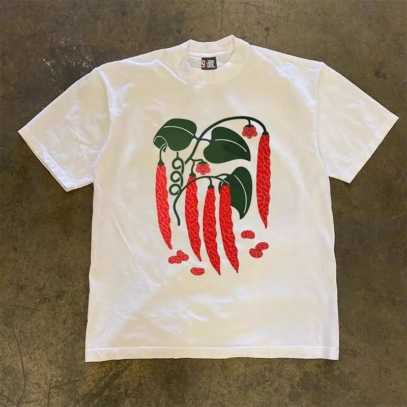 

2025 Spring and Summer New Red Pepper Retro American Trendy High Street Short-sleeved Cotton Printed T-shirt