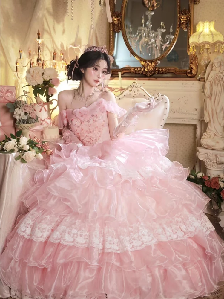 

Retro Oil Painting Style Pink Puffy Cake Skirt Flower Princess Birthday Photo Studio Wedding Dress Ethnic Stage Costume