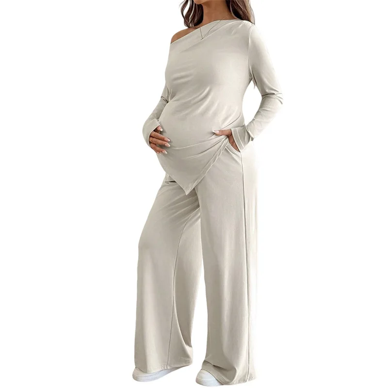Maternity Pregnant Women Clothing Sets Solid Long Sleeve One-shoulder Irregular Hem Tops + Pants Spring Casual Pregnancy Outfit - view 2