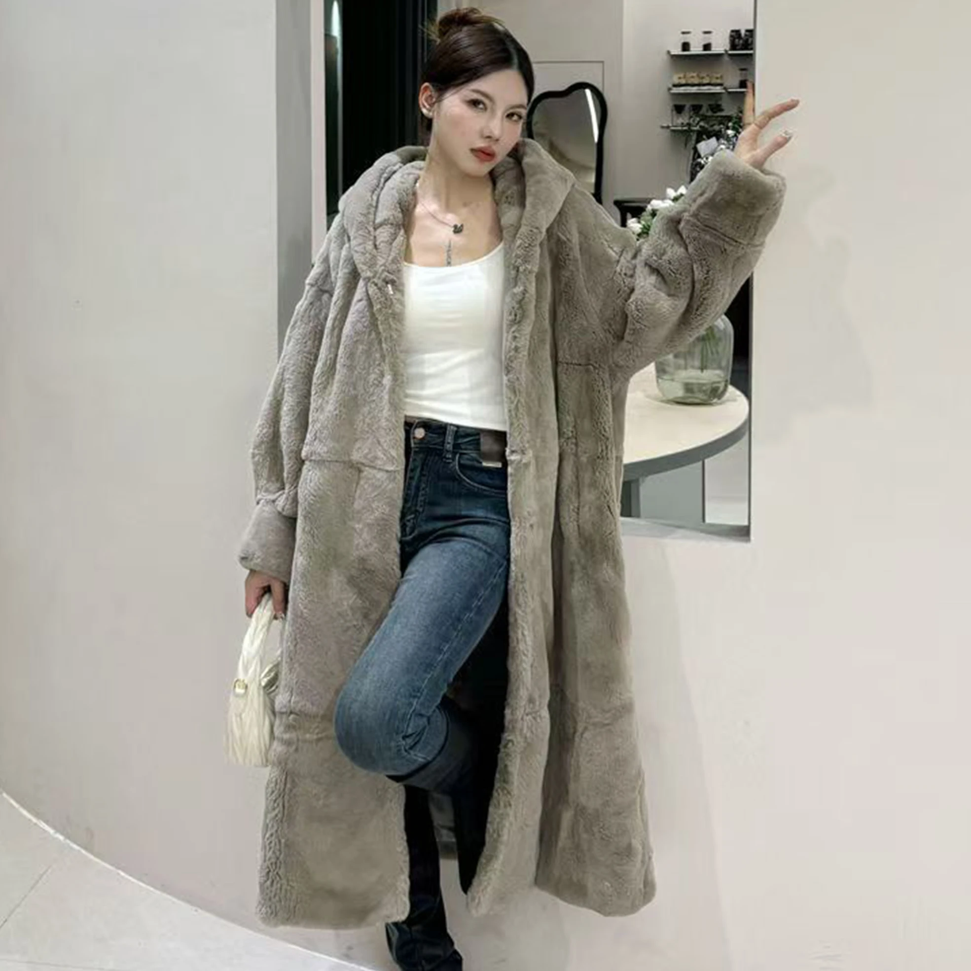 

Hooded Thick Warm Long Real Rabbit Fur Coat Female Winter Jacket Oversized Loose Casual Korean Fashion Casaco Feminino