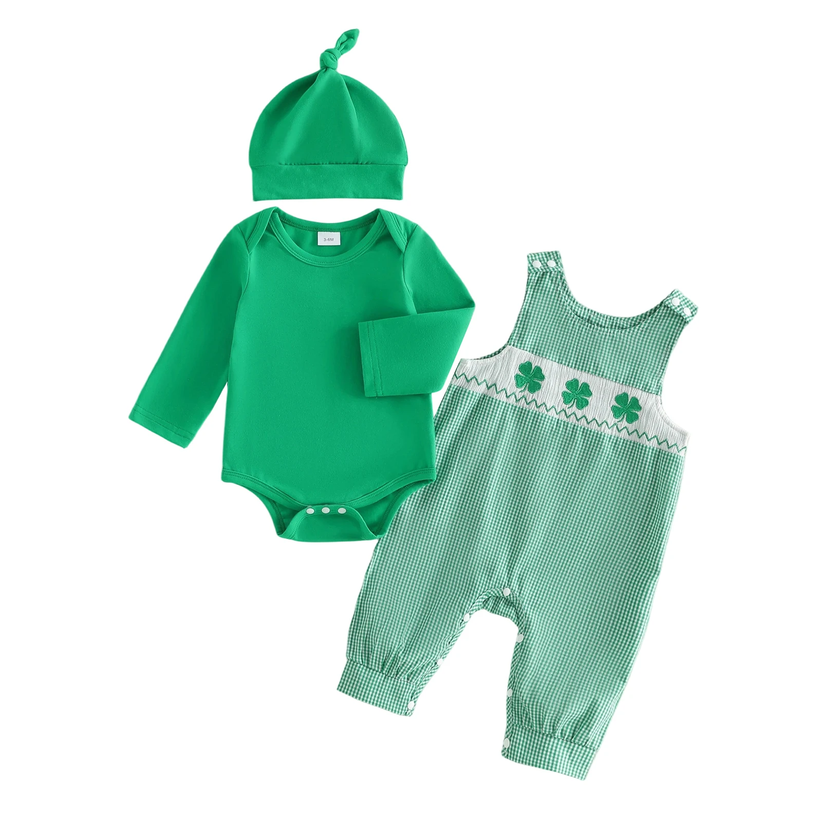 

Весенняя одежда для маленьких мальчиков и девочек, однотонный комбинезон с длинными рукавами, клетчатый комбинезон с трилистником и шапка, комплект из 3 предметов