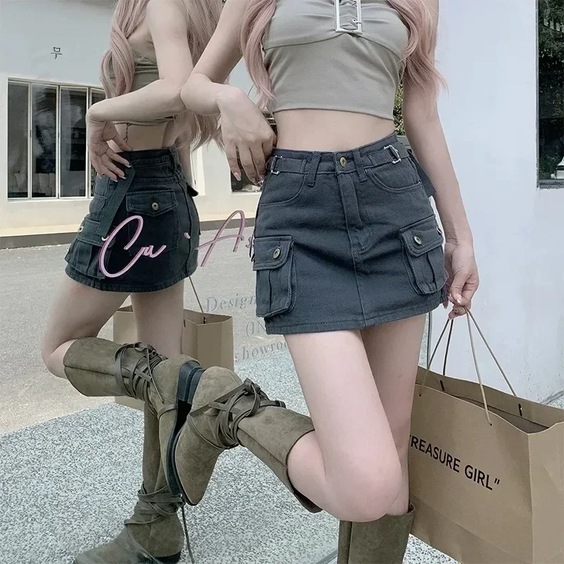 

Khaki Cargo Denim Short dress Women American vintage A Word High Waist Skirt Gyaru Anti-exposure Hip-wrapped Culottes