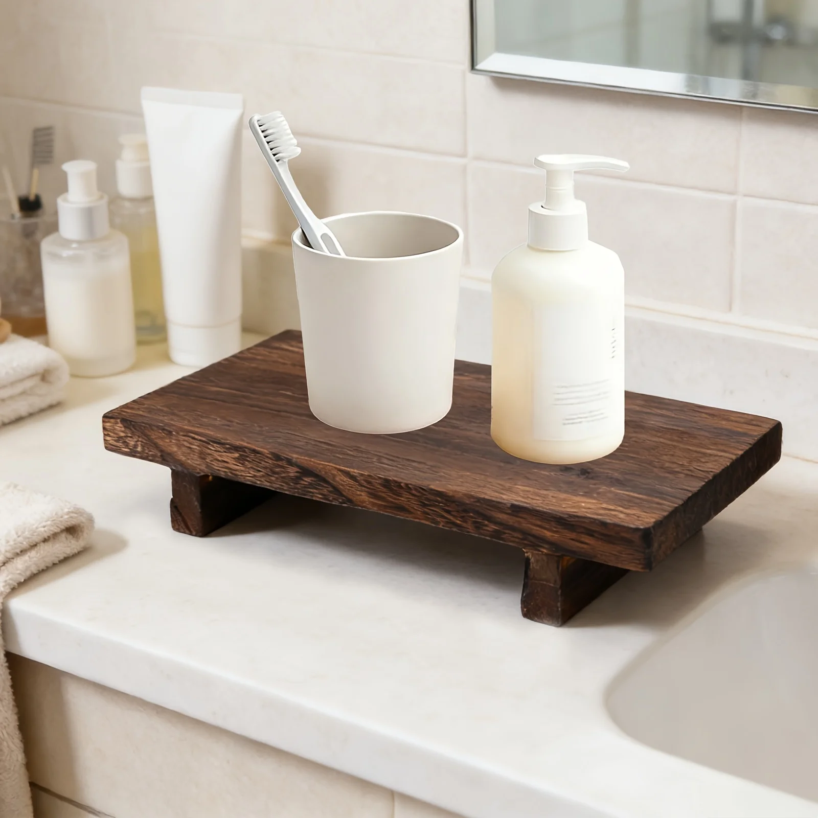 Vintage Wooden Decorative Tray, Elegant Storage Tray for Bathroom & Kitchen, Ideal for Cosmetics & Home Display