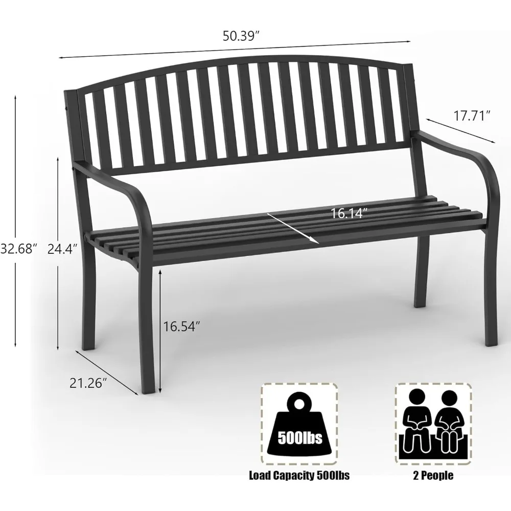 50'' Outdoor Bench Weatherproof, Cast Iron All Metal Frame Garden Bench, Anti-Rust Patio Park Bench Clearance for Front Porch,