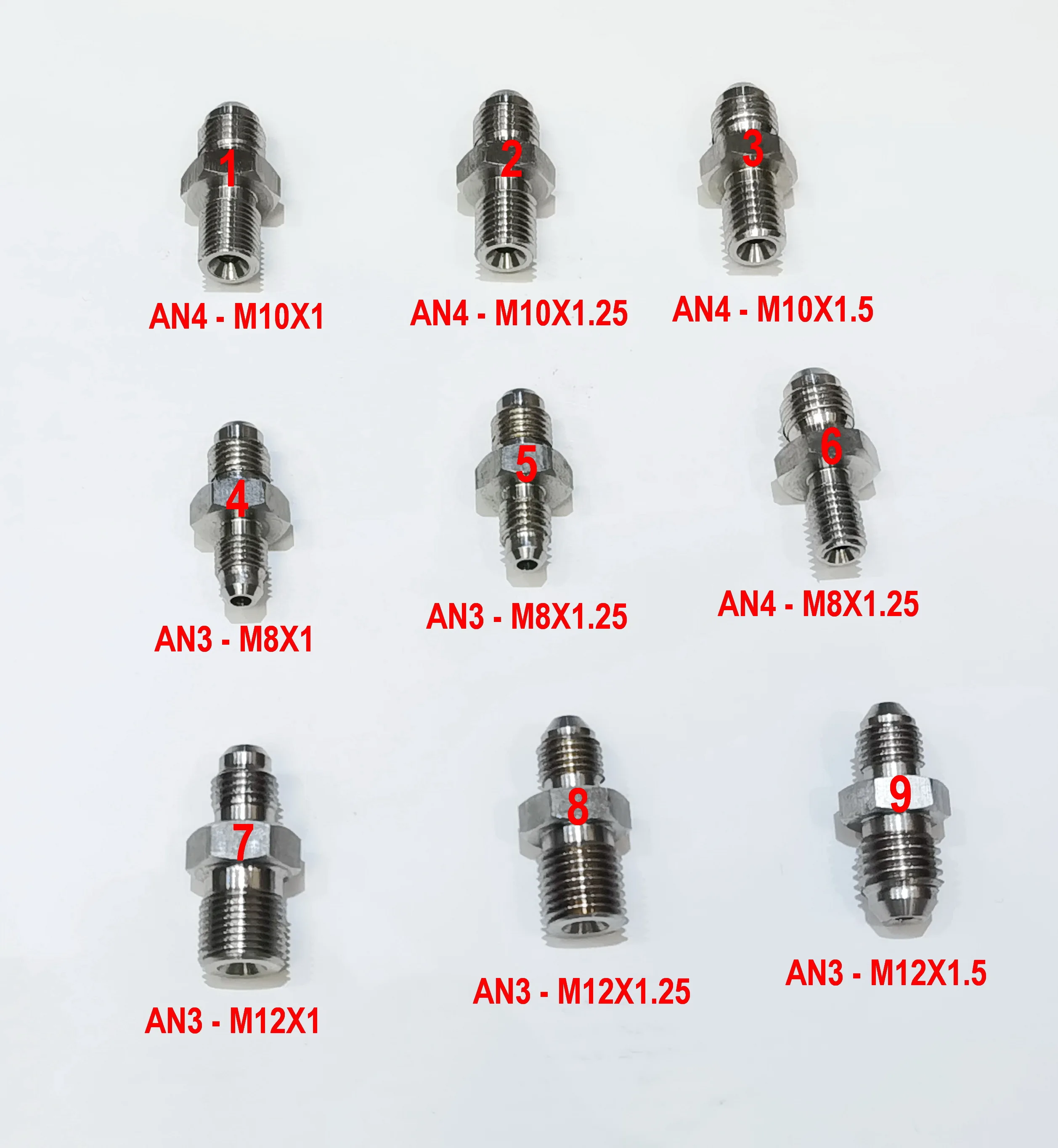 Adaptador de freno de acero inoxidable, pieza 3, AN3, AN4 a M8x1, M8x1.25, M12x1, M12x1.25, M12x1.5