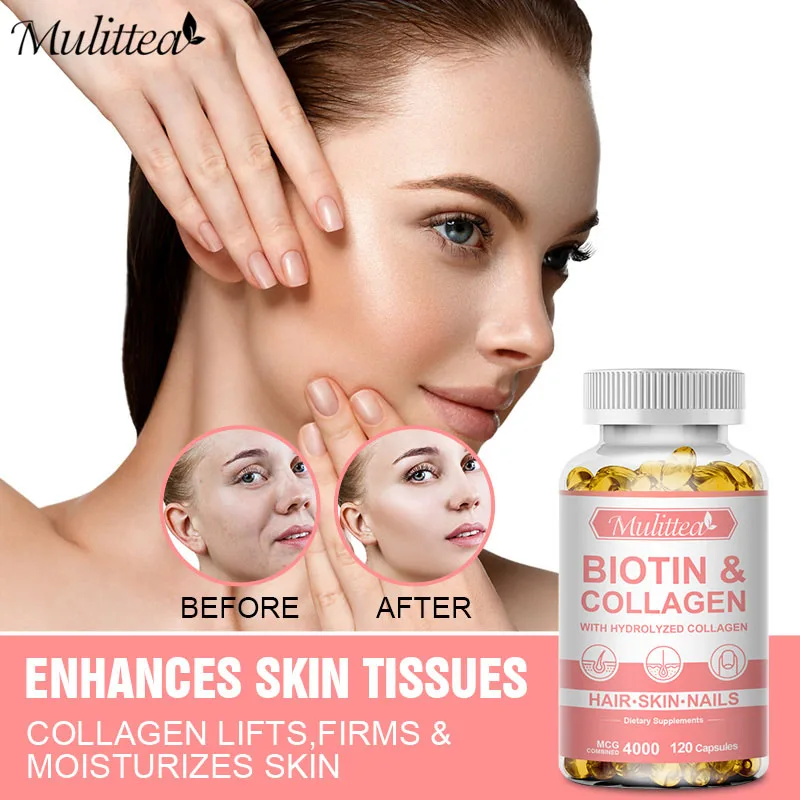 Mulittea Biotin & Collagen Capsules For Healthy Nails Hair Growth Strong Hair Dry Hair Smooth Skin Hydrating Antioxidant