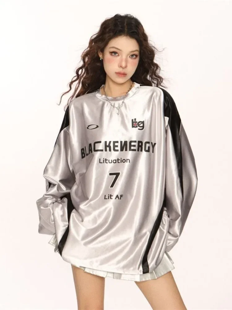 QWEEK American Vintage Retro High Streetwear T Shirt Women 2024 Autumn Fashion Graphic Letter Print Tees Long Sleeve Tops