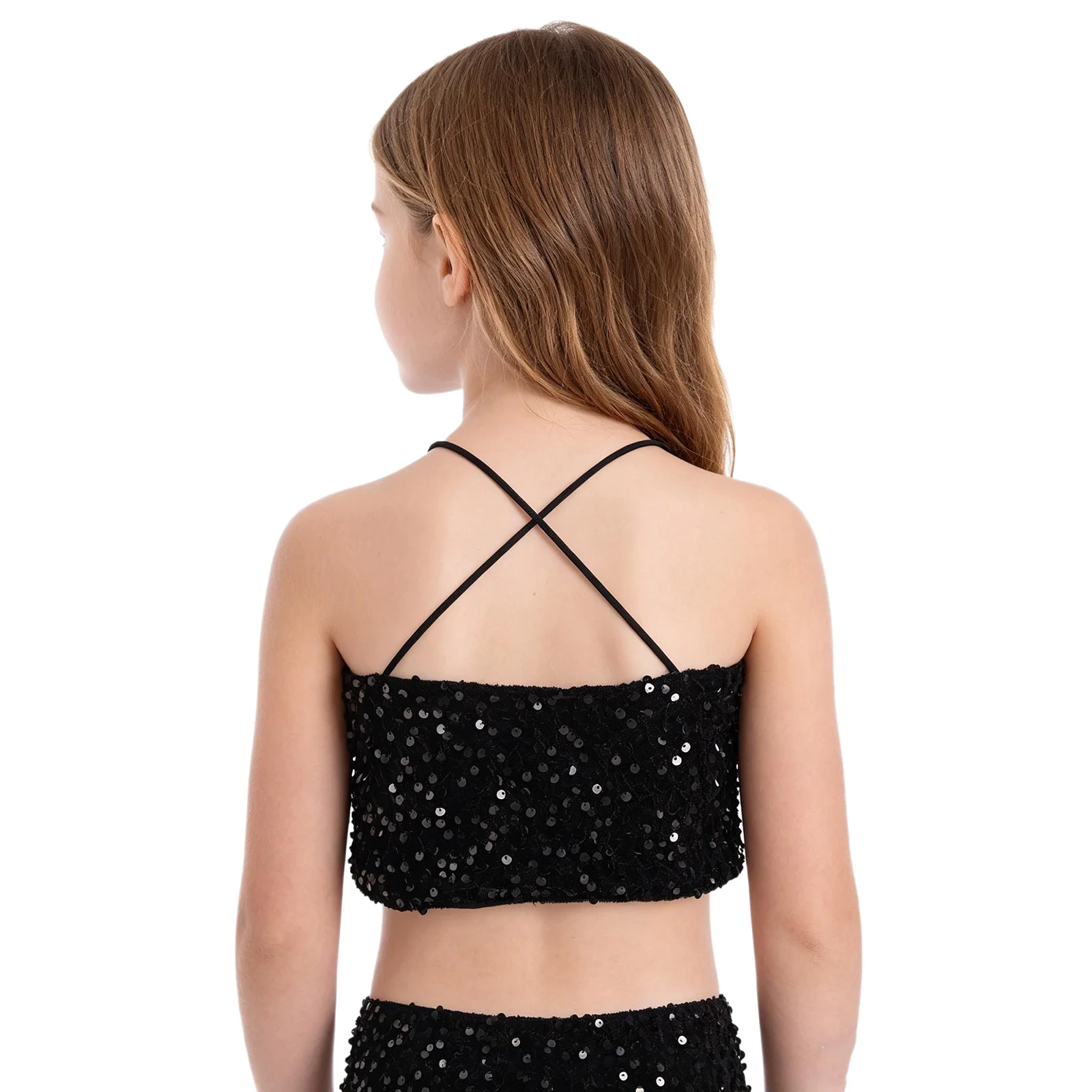 Kids Girls Contemporary Jazz Ballet Dance Costume Sparkling Sequins Sleeveless Crop Top for Modern Stage Performance Competition