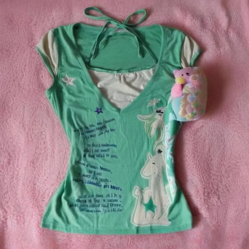 

American Retro Subculture Fake Two T-shirts Harajuku Letter Printed Tshirt Women Vintage Punk Hottie Tees Chic High Street Tops