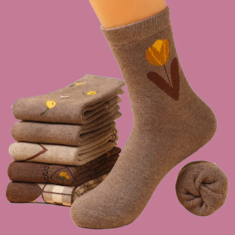 Chaussettes mi-tube en coton éponge pour femmes, chaussettes d'hiver chaudes, chaussettes longues décontractées, plus velours optique, haute qualité, mignon, 5/10 paires