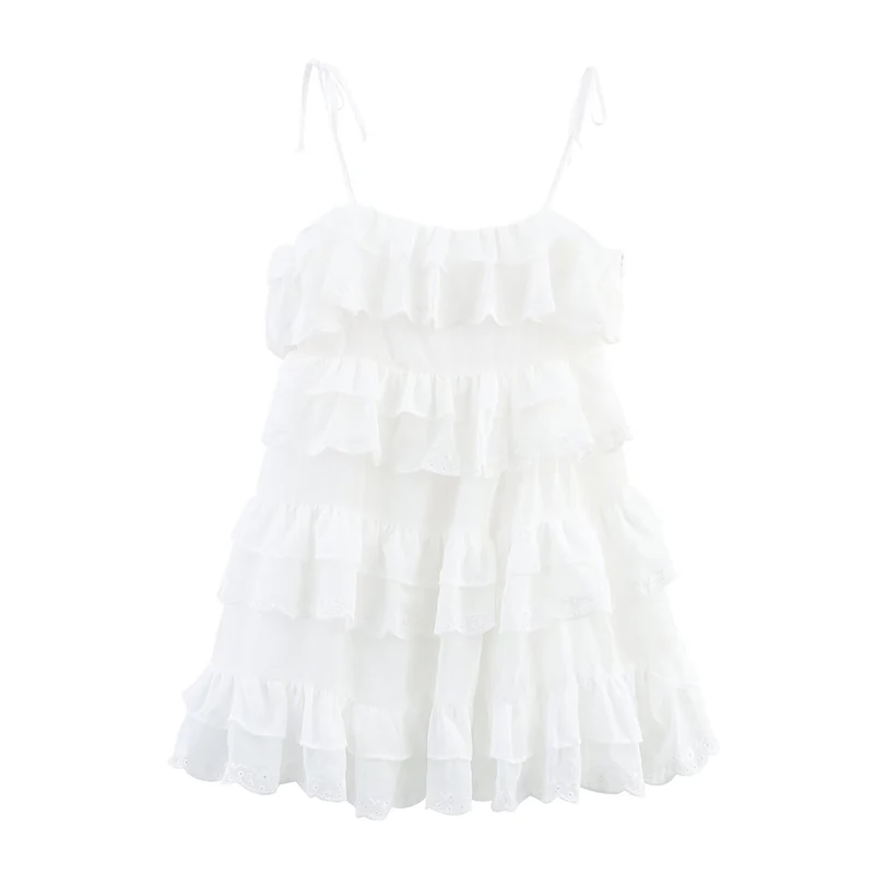 Sexy feminino em camadas plissado branco estilingue vestido curto verão feminino o pescoço a linha casual férias praia vestidos 2025