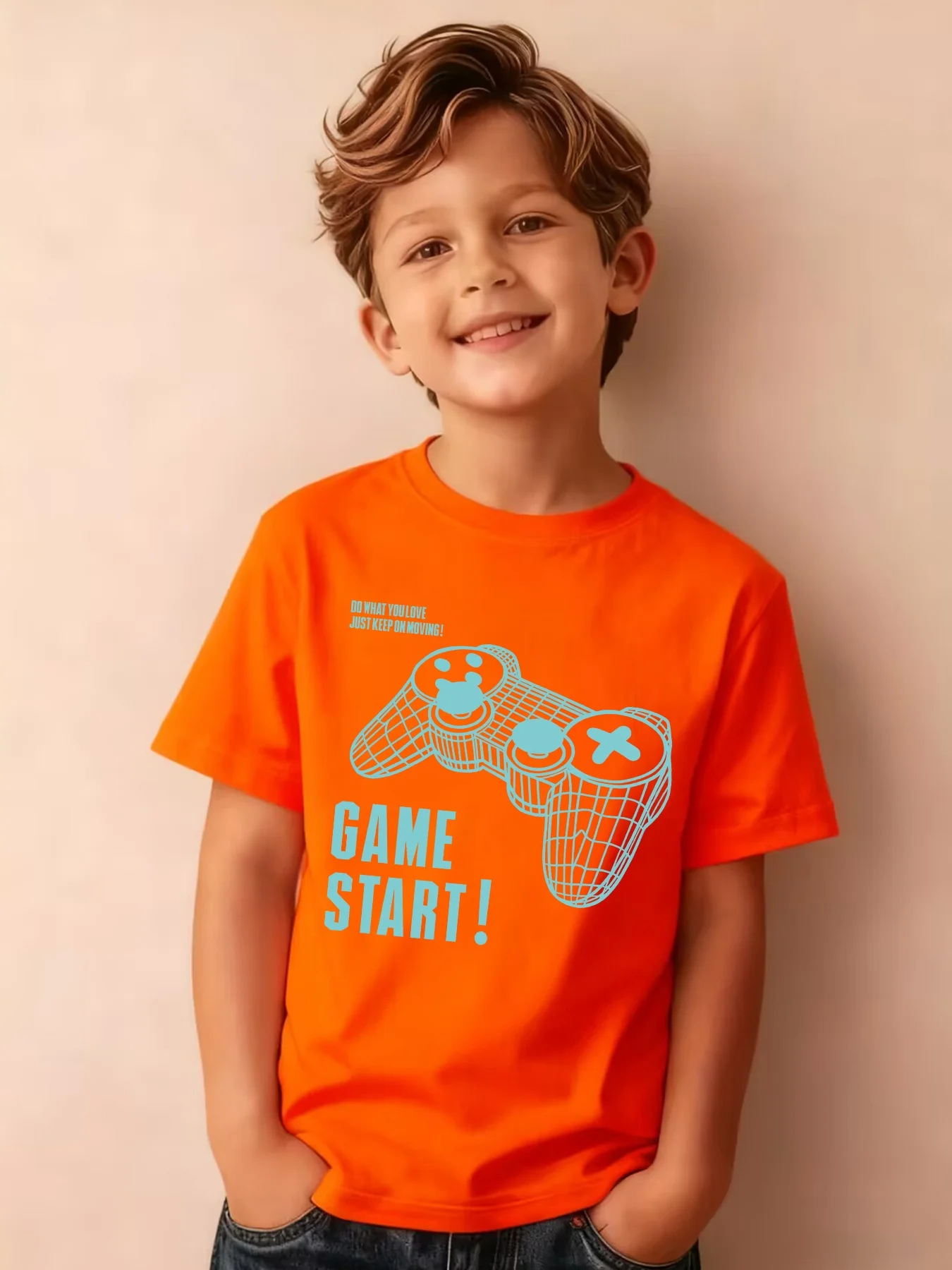 Summer Children's Fashionable T-shirt GAME START Line Game Console Letter Cartoon Pattern Printed Parent-child Casual Top