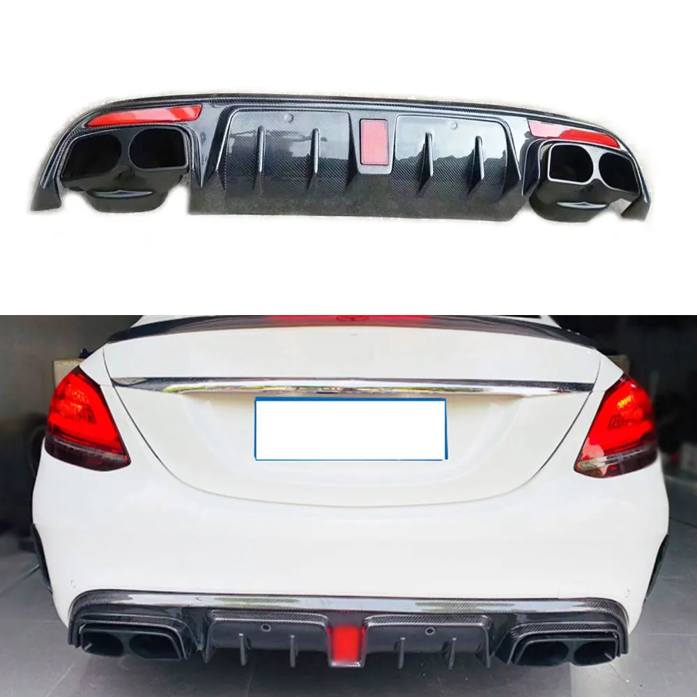 Carbon Fiber For Benz C Class W205 C43 C63 AMG Sport 4 Door 2015-2020 B Style Rear Bumper Lip Diffuser with Led Lamp Four Outlet