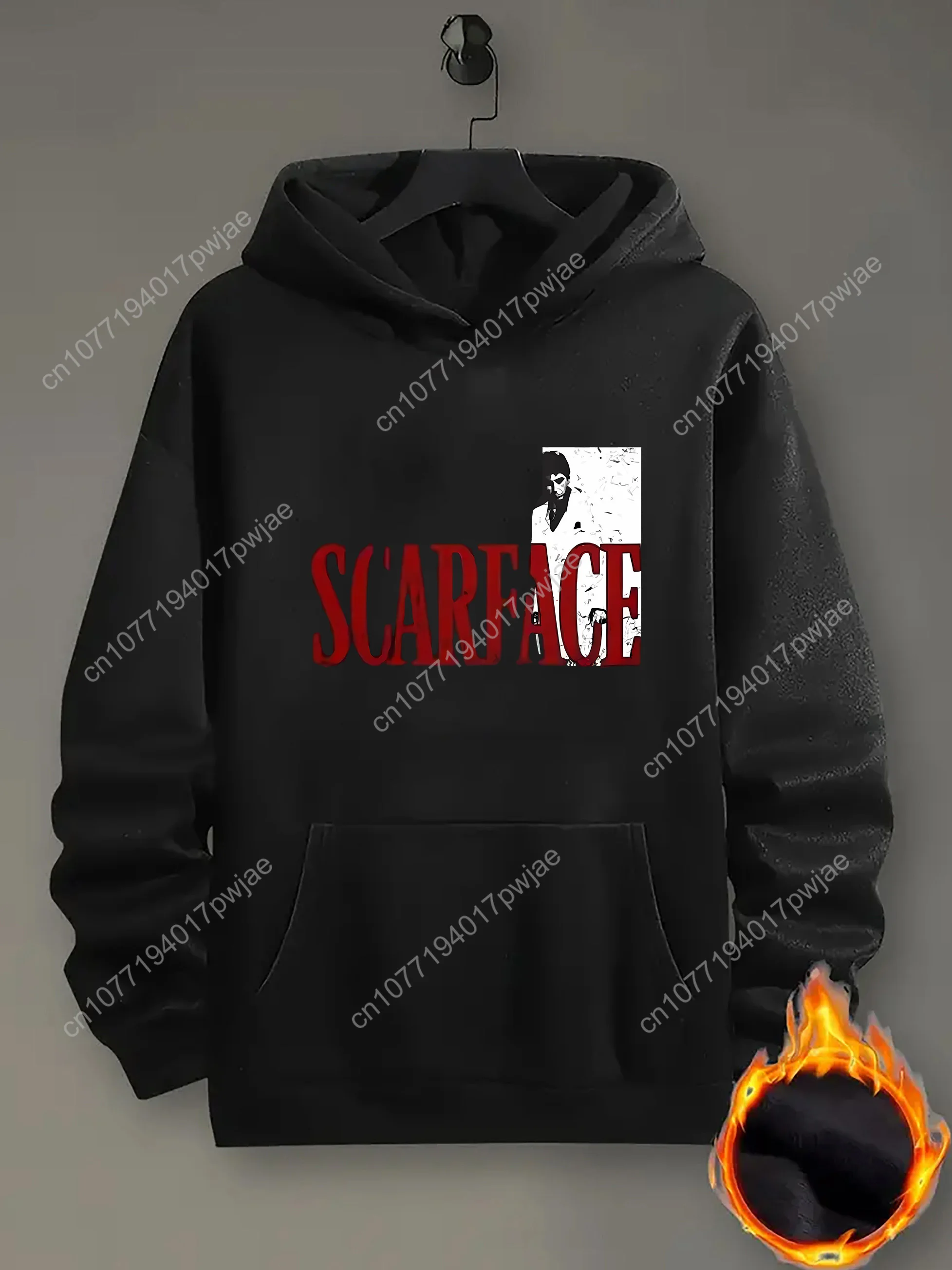 

Black Casual Loose Fit Graphic Hoodie - Scarface Men's Polyester Long Sleeve Pullover with Kangaroo Pocket, Machine Washable Ove