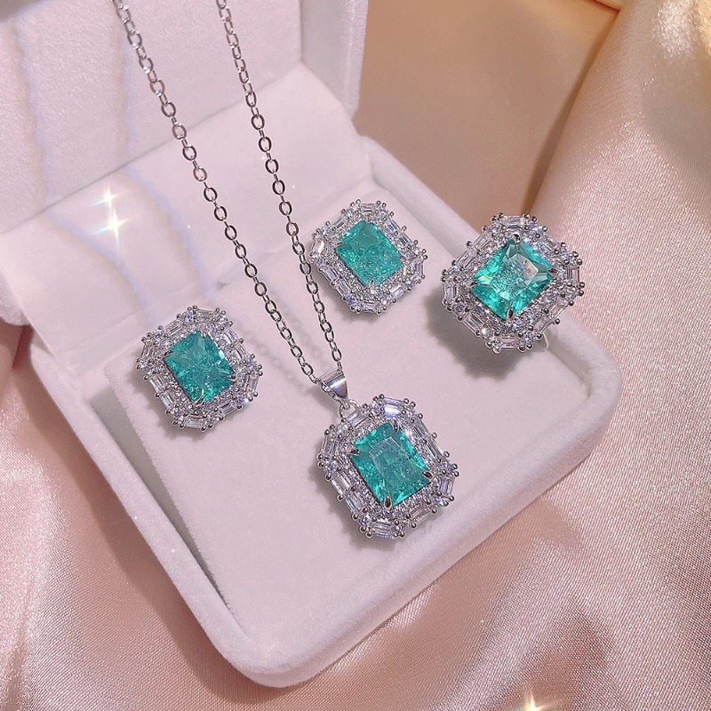 Classic Fashion 925 Silver Jewelry Set Emulates Paraiba Geometric Square Gem Necklace Light Luxury Birthday Anniversary Jewelry