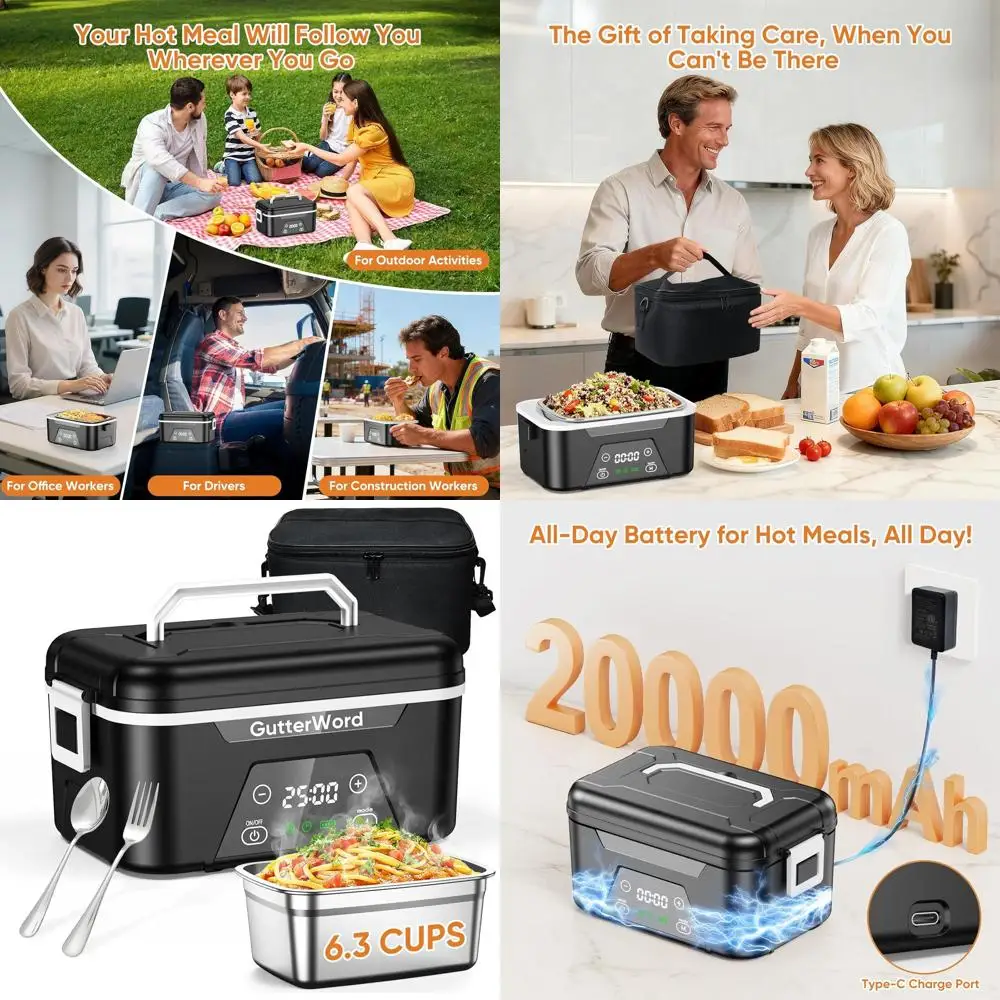 صندوق غداء كهربائي محمول قابل لإعادة الشحن سعة 6.3 أكواب للبالغين مع بطارية 20000 مللي أمبير في الساعة، وتسخين مخزن، ومجموعة أدوات، وعزل #1