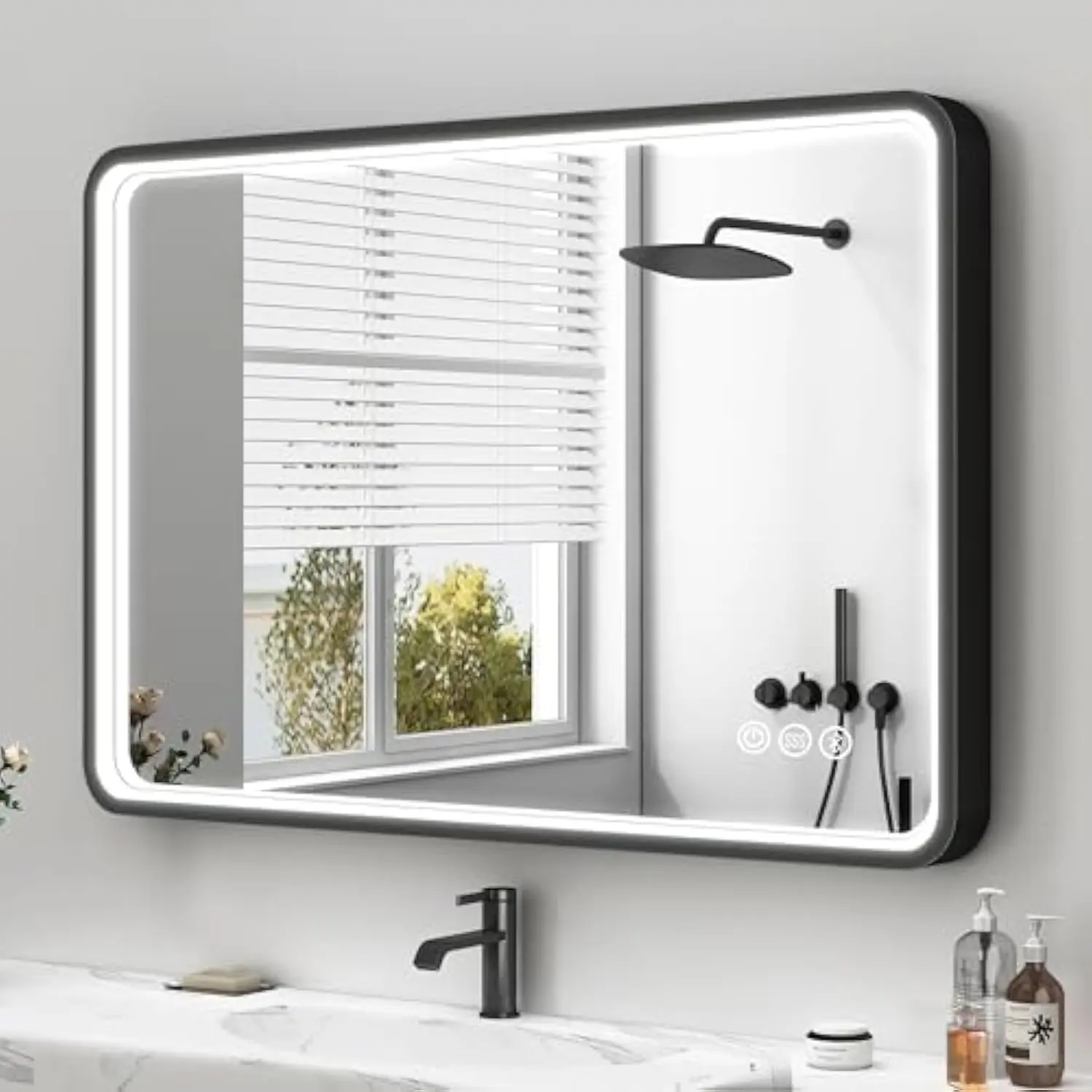 

32X24 Inches Led Bathroom Mirror Anti Fog, Black Framed Led Mirror for Bathroom, Bluetooth Bathroom Mirror 3 Colors, Dimmable