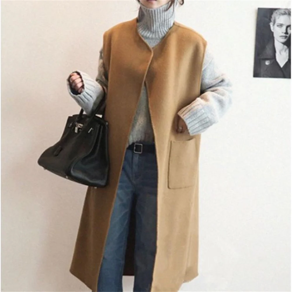 

Wool vest coat women new long autumn winter pocket round neck fashion tank jacket casacos femininos