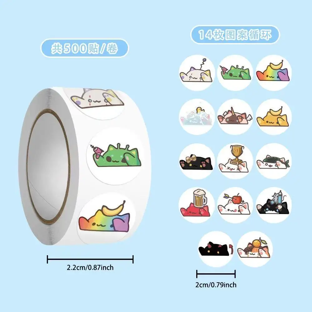 500pcs/Roll Cute Bongo Cat Animal Sealing Stickers DIY PVC Laptop Decals Decoration Reward Gift Toy