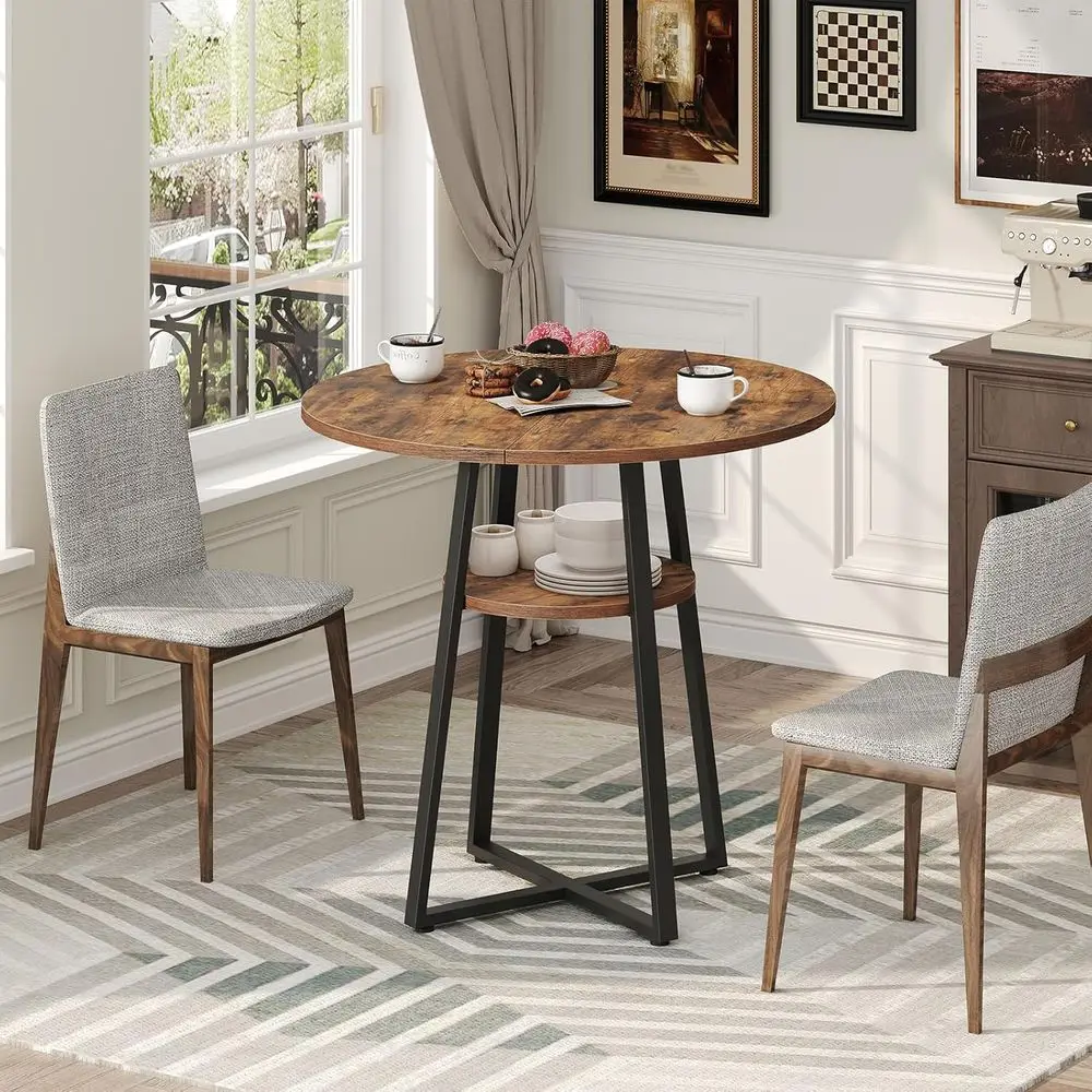 Rustic Farmhouse Dining Table, Round with Storage Shelf, for 2-4 People, Space-Saving Design, Suitable for Kitchen, Dining, Livi