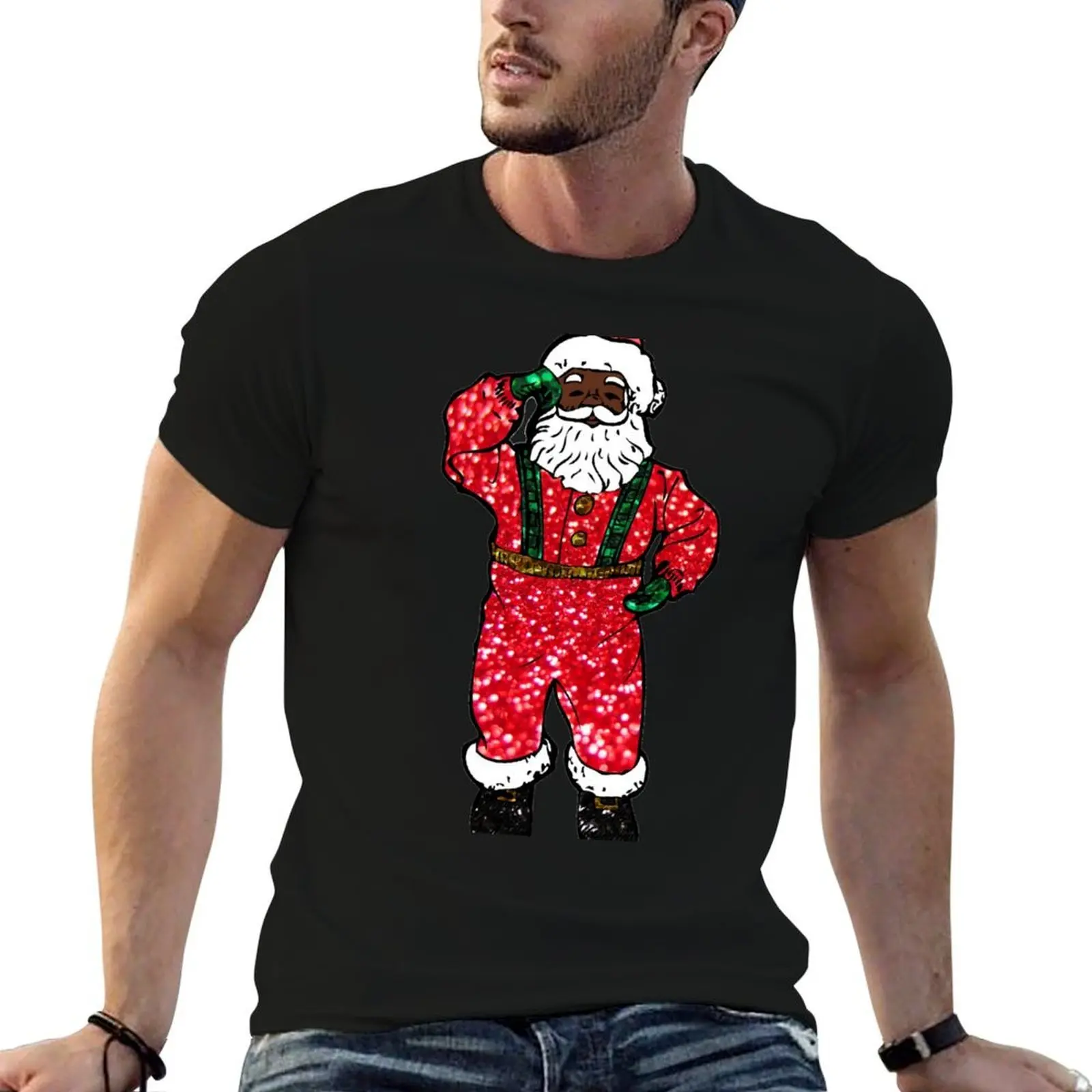 glitter print black santa claus T-Shirt tops oversized T-shirts for men cotton