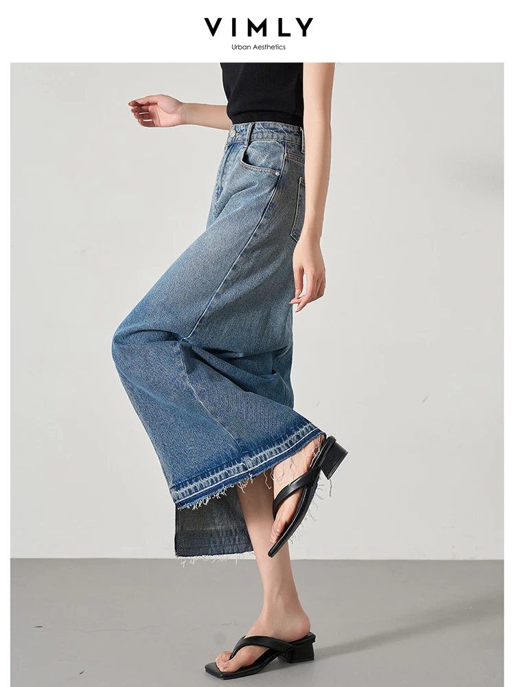 VIMLY Women's American Vintage Denim Skirt Summer New High Waist Straight Hip-covering Front Slit A- Line Skirt With Pockets