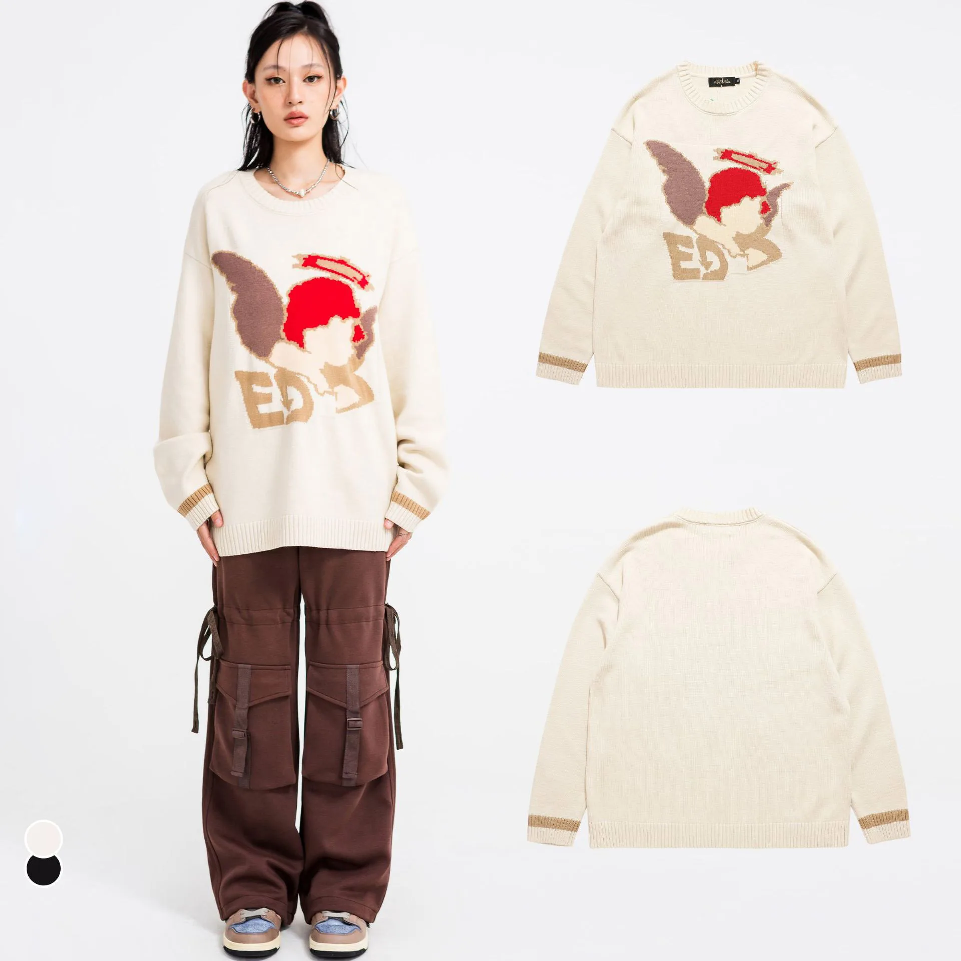 New Hip Hop Casual Relaxed Warm Sweater Men's Cartoon Angel Jacquard Design Versatile Pullover Sweater Couple Wear