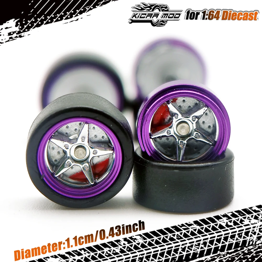 1/64 Model Car Wheels for Metal Rims Plastic Spoke and Plastic Brake Disc Wheels Diameter 11mm Adults Teens gifts toys 1 set