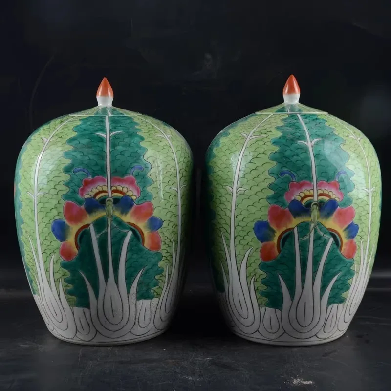 A pair Chinese Famille Rose Porcelain Pot Qing Tongzhi Cabbage Pattern 13.0 inch