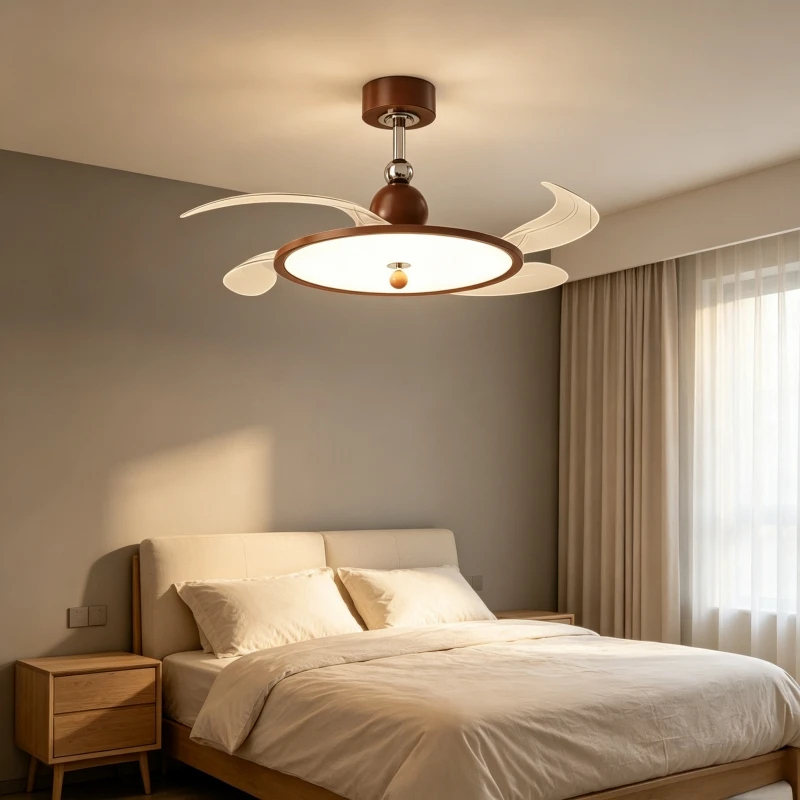 Retractable Blades Fan Ceiling Light Walnut Color Silent LED Fan Chandelier    For Bedroom Living Room Homestay Decor