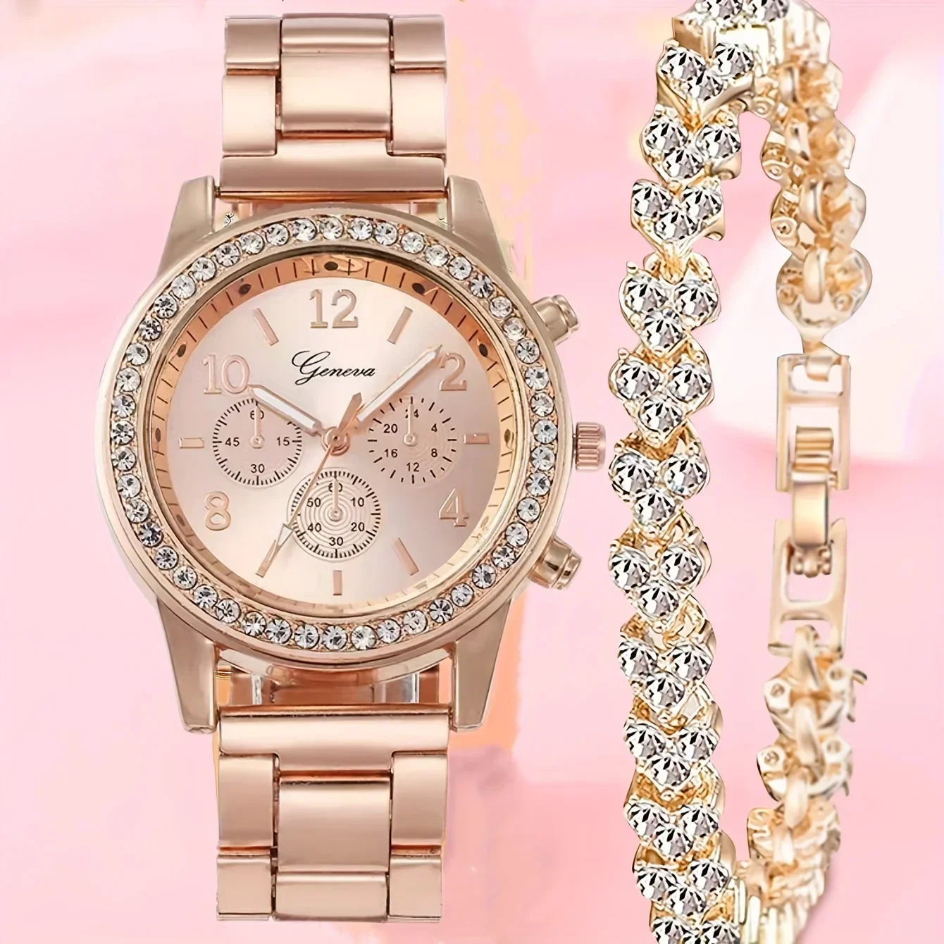2pcs/set Women's Watch Elegant Rhinestone Quartz Watch Analog Wrist Watch & Bracelet, Gift For Mom Her