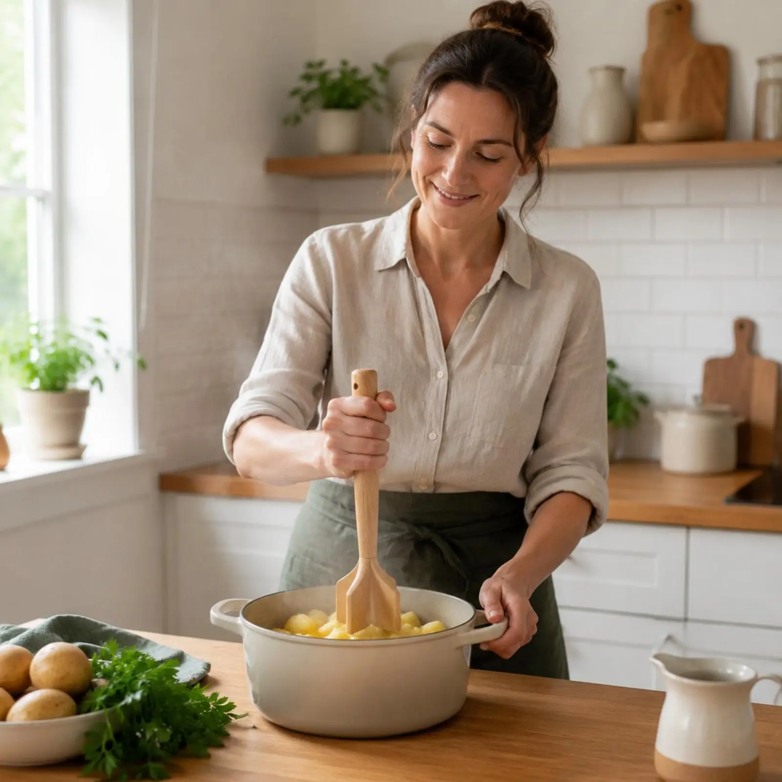 Wooden Potato Masher Wide-Head Beech Wood Masher