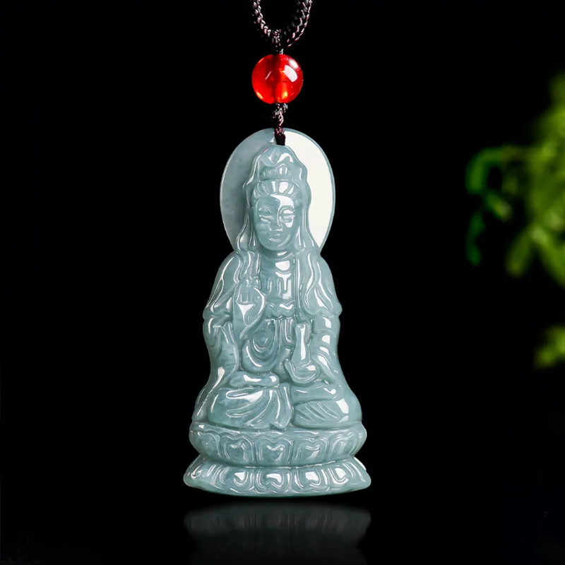

Natural Jadeite Blue Water Stand Up Guan Yin Necklace Jade Pendant Women Men Fashion Boutique Fine Jewelry Gift Amulet