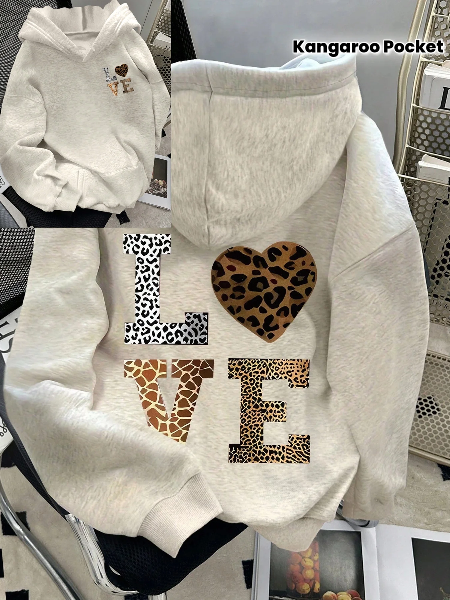 Leopard Print And Giraffe Print Mixed LOVE Letters And Heart Pattern All-Over Print Fashion Women'S Casual Hoodie