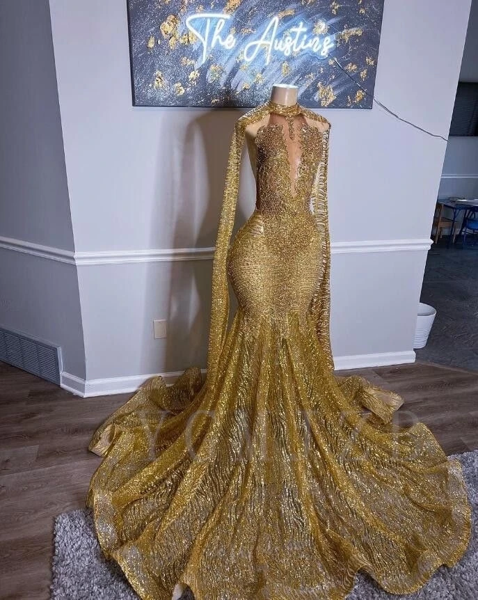 Glittle Gold Rhinestones Prom Dresses 2026 for Black Girl Luxury Mermaid Beaded with Cape Evening Party Dress Gala Birthday Gown