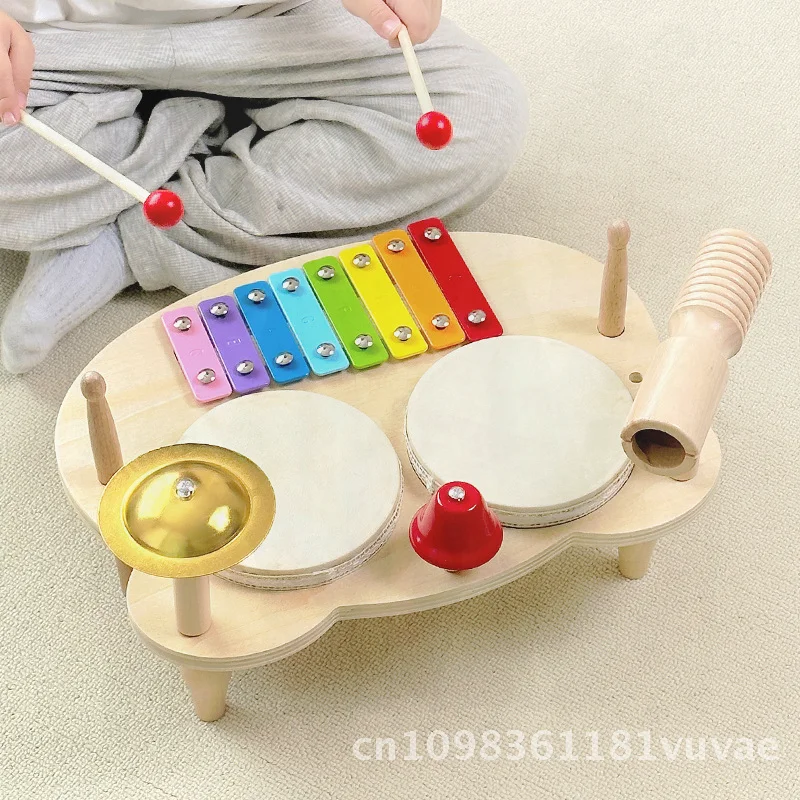Children's Wooden Multifunctional Percussion Instrument Drumming Gong Baby Hand Drum Educational Toy for Music Learning And