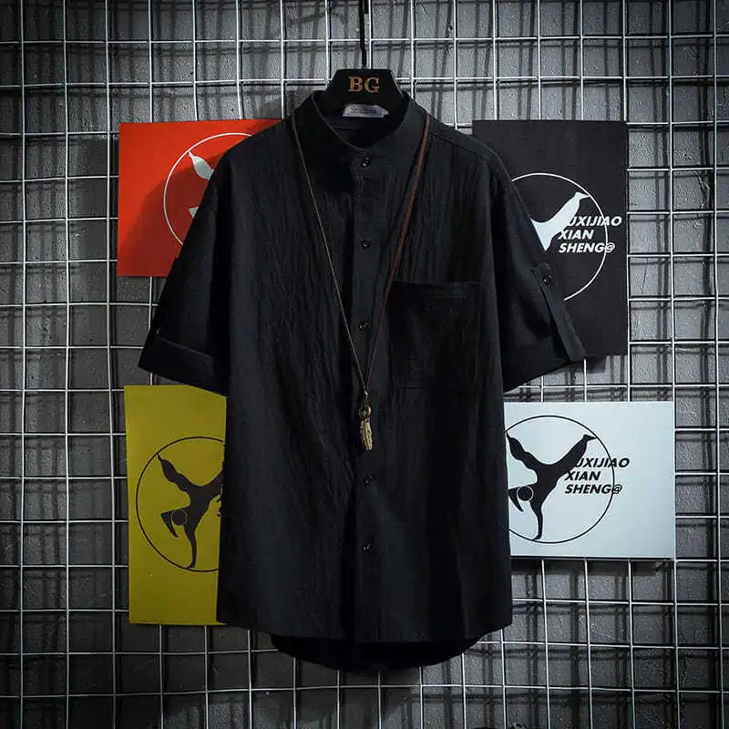 

Loose Fit Men's f Sve irt Stand Collar ort Sve Base Layer Summer Slimming Japanese Sle Pure Color Versatile Bi...