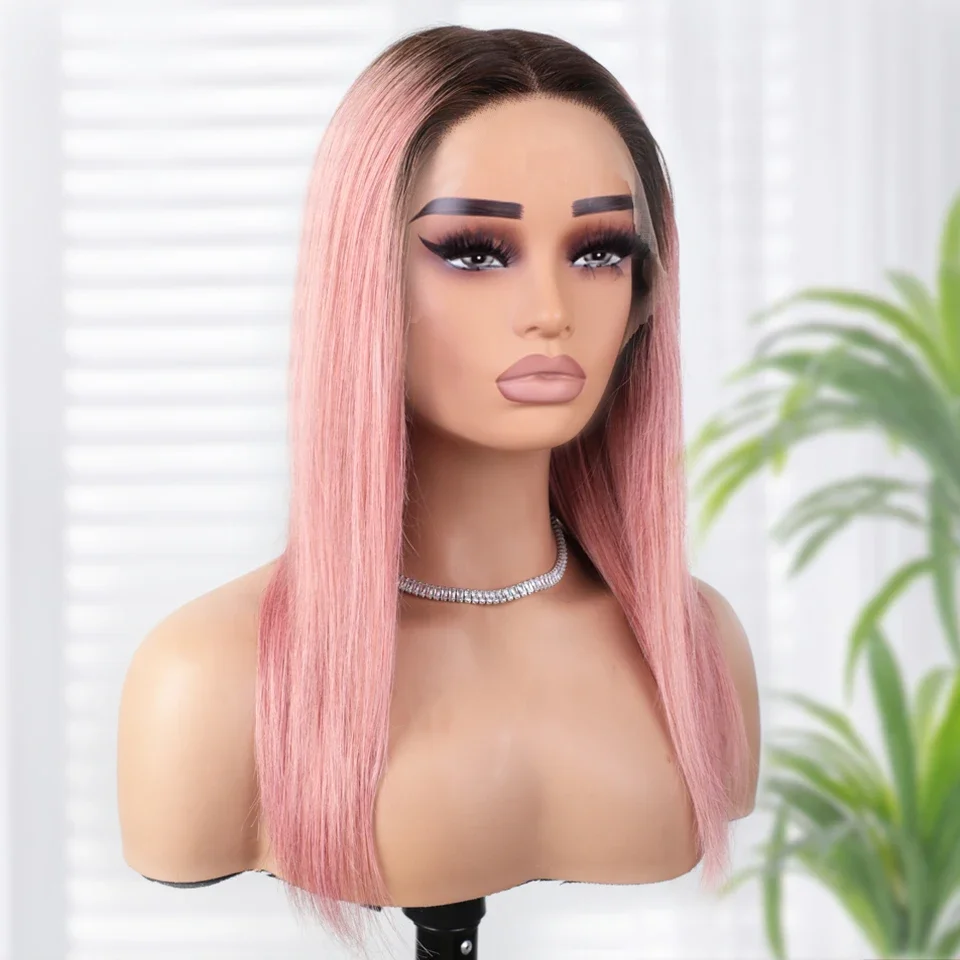 Lekker Rose Pink Bone Straight 13x6x1 T Part Lace Front Human Hair Wigs For Women Brazilian Remy Hair Glueless Colored Long Wigs