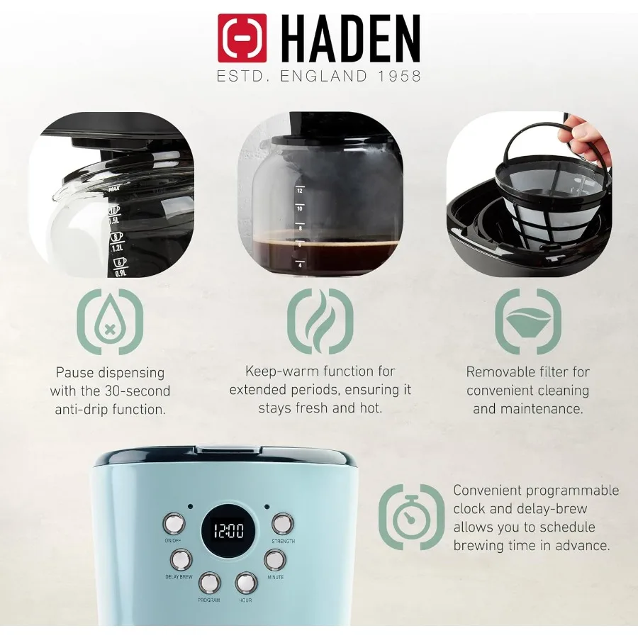 ماكينة صنع القهوة بالتنقيط سعة 12 كوبًا مع غلاية كهربائية من الفولاذ المقاوم للصدأ سعة 1.7 لتر باللون الفيروزي ولمسة نهائية من الكروم للمنزل والمكتب #3