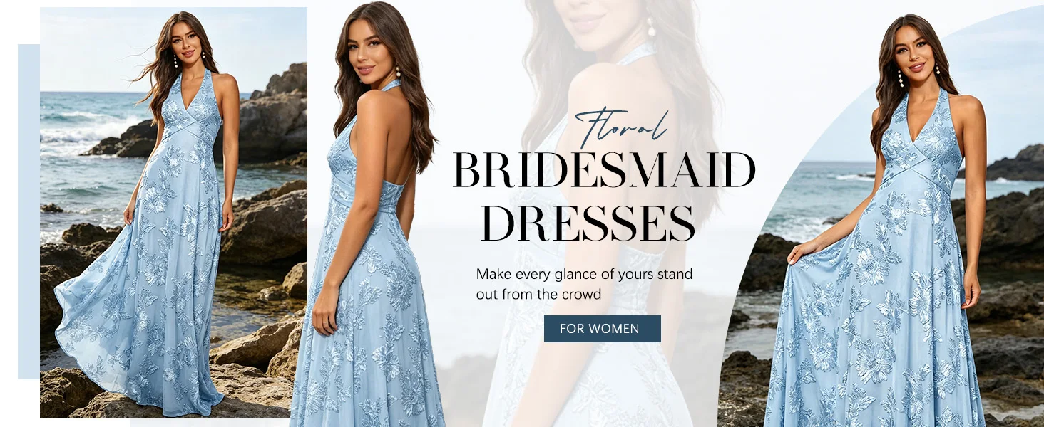 Bridesmaids Dresses for Women Long Floral Halter A-Line Ruched Backless Simple Formal Prom Gowns