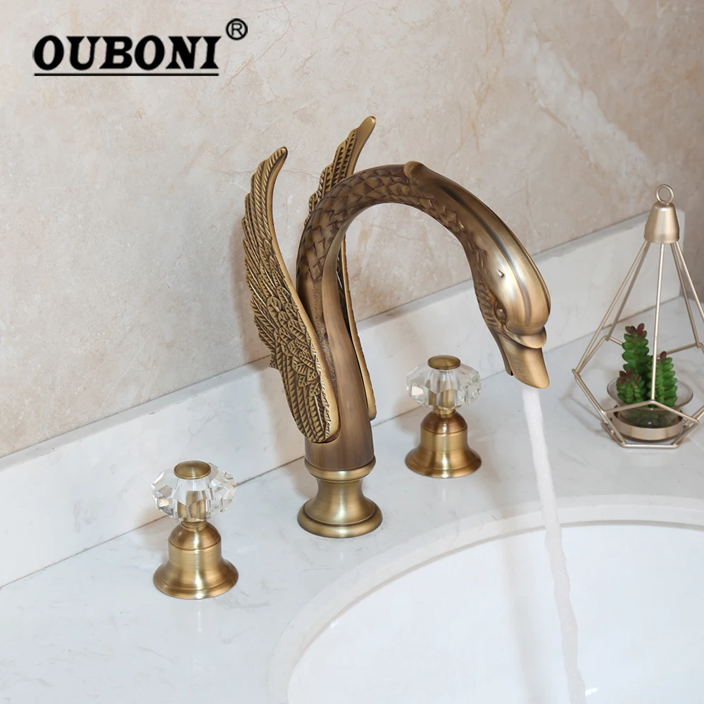 

OUBONI Bathroom Swan Basin Faucet Deck Mounted Antique Brass Double Handle 3 Holes Bathtub 3/5 Pcs Set Hot Cold Mixer Tap