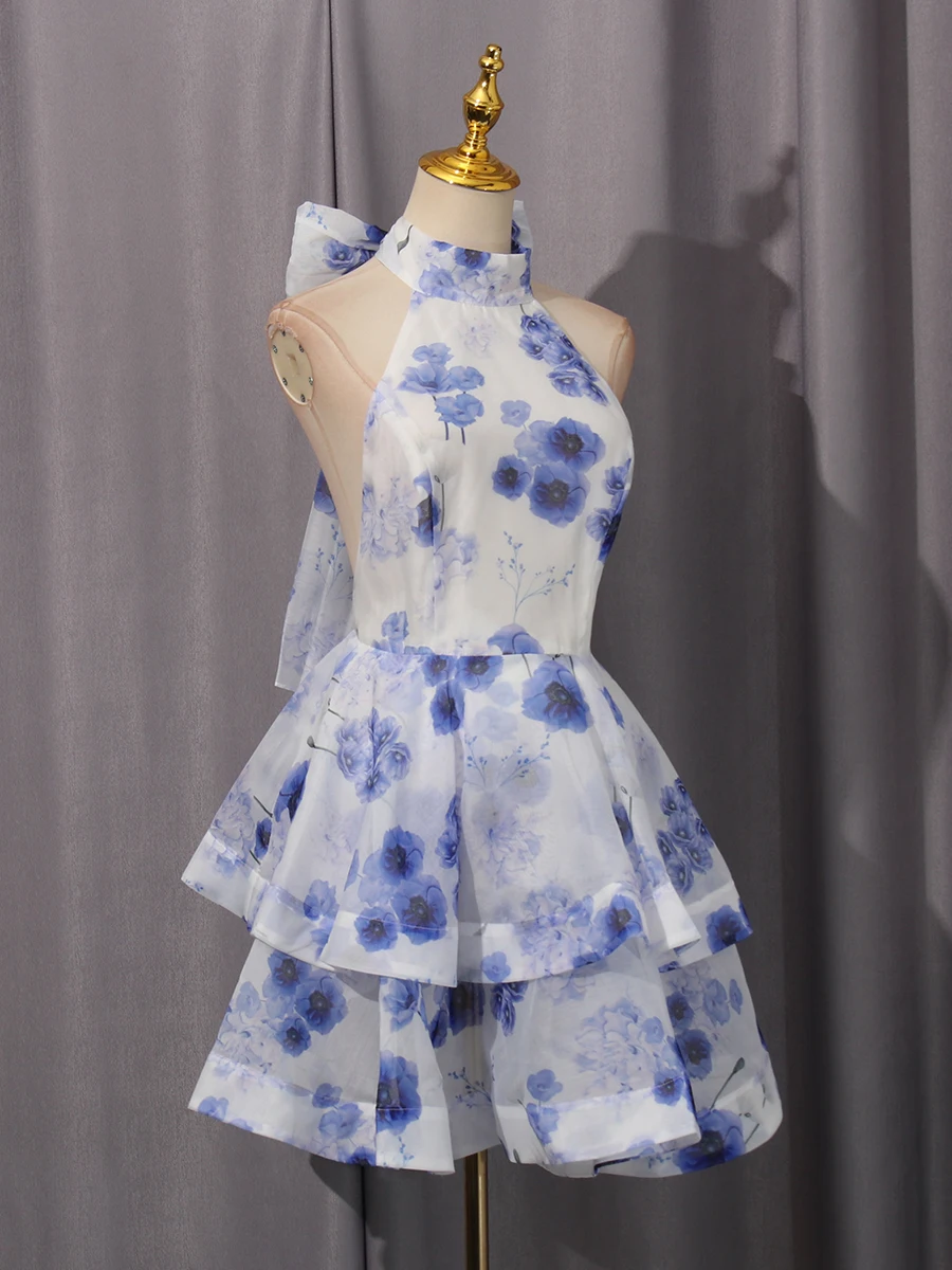 VGH Hotsweet Club Printing Mini Dress for Women Halter Sleeveless High Waist Spliced Ruffles Temperament Cake Dresses Female New