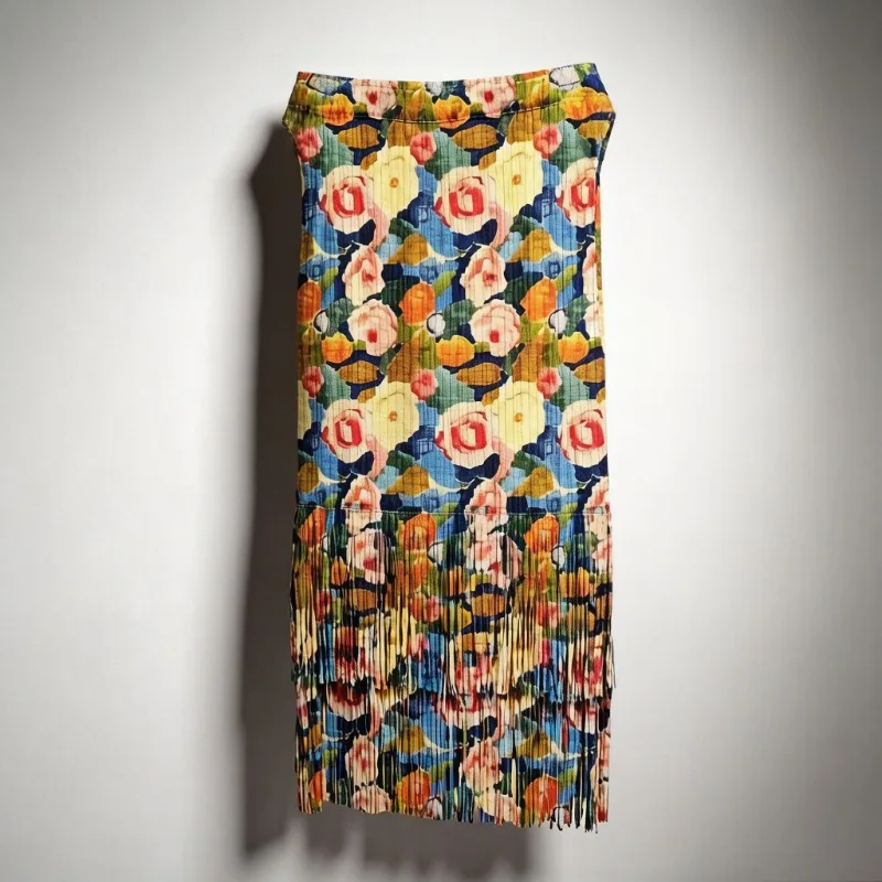 

Miyake Pleated Skirt Classic Plant Print 2026 Summer New Double Layer Tassel Jupe Hip-Hugging Elegant Versatile Straight Skirt