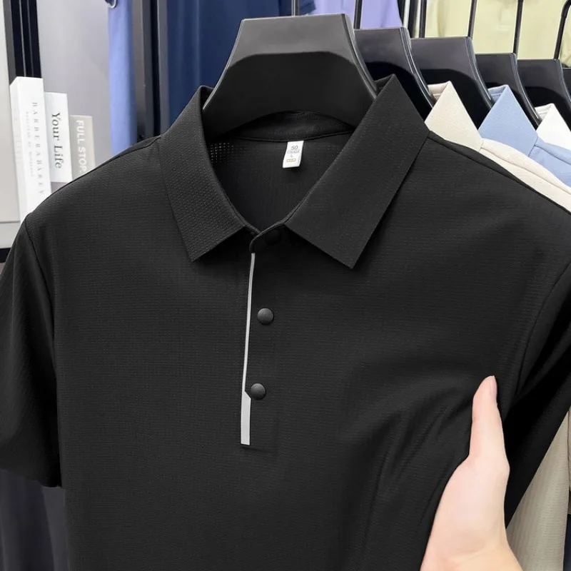 

Solid Color Mens Polo Shirts T Shirt Short Sleeve Button Placket Top Breathable Casual