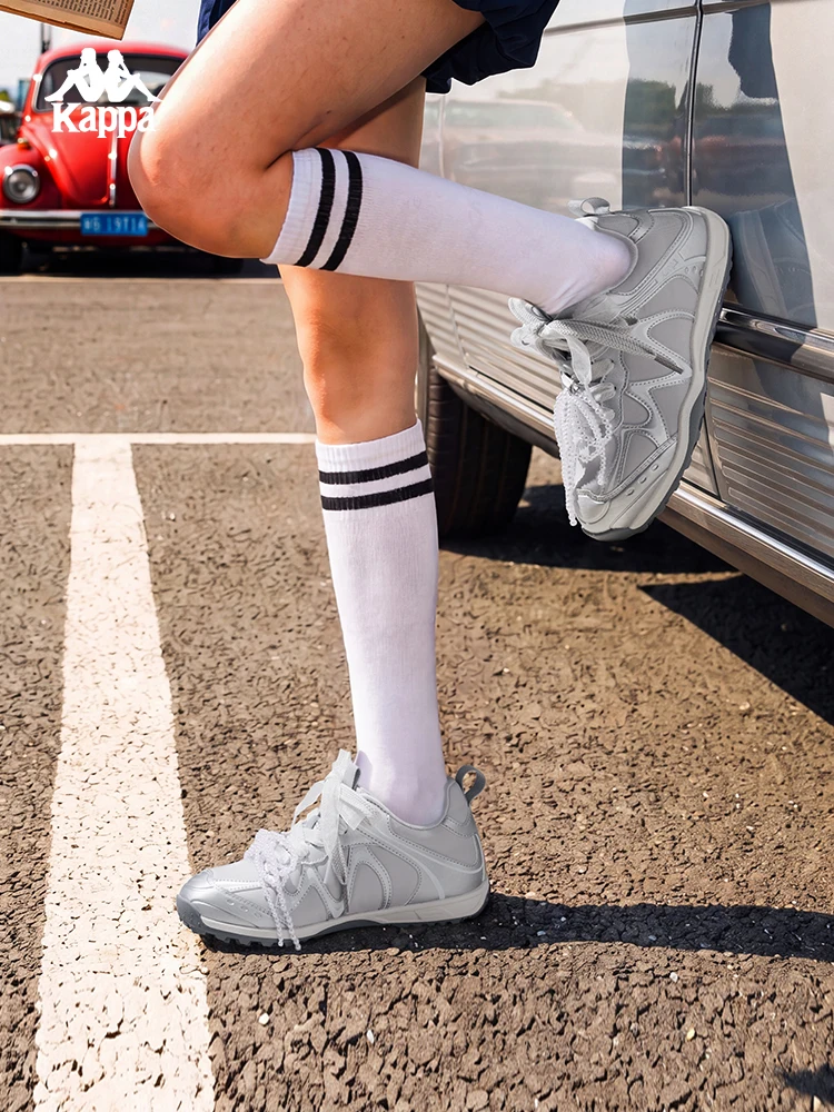 Kappa Women's Shoes Silver Mesh Retro German Training Sneakers for Women Low-Top Breathable Flat-Soled Outdoor Lightweight Casual Shoes